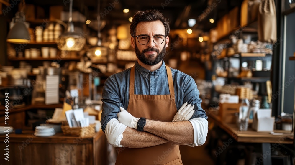 Confident Male Shop Owner in Apron Small Business Coffee Shop Retail Store Confident Male Shop Owner in Apron Small Business Coffee Shop Retail Store