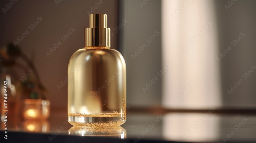 A close-up of a single frosted glass serum bottle with a matte gold pump and blank label, placed on a sleek gold mirror surface. Soft, ambient light creates subtle reflections, while the background fe A close-up of a single frosted glass serum bottle with a matte gold pump and blank label, placed on a sleek gold mirror surface. Soft, ambient light creates subtle reflections, while the background fe