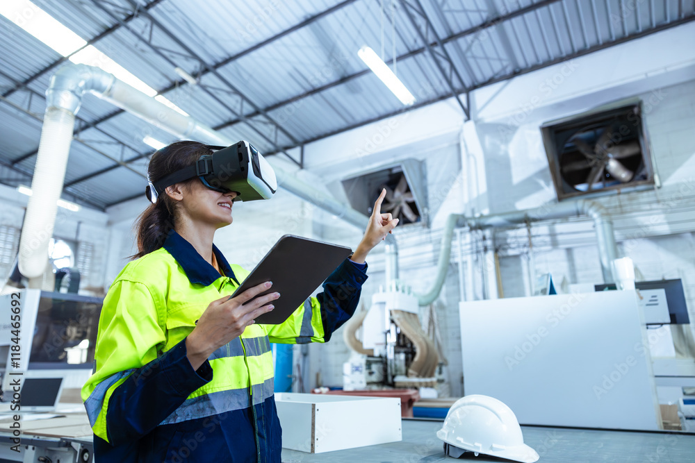 Modern Factory Innovation Technology in Industry, Technician using VR Virtual Reality Headset