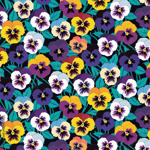 Pattern with pansy flowers.Multicolored pansies on a black background in a vector seamless pattern.