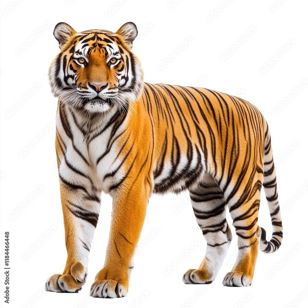Fototapeta premium A realistic depiction of a standing tiger showcasing its distinctive stripes and features.