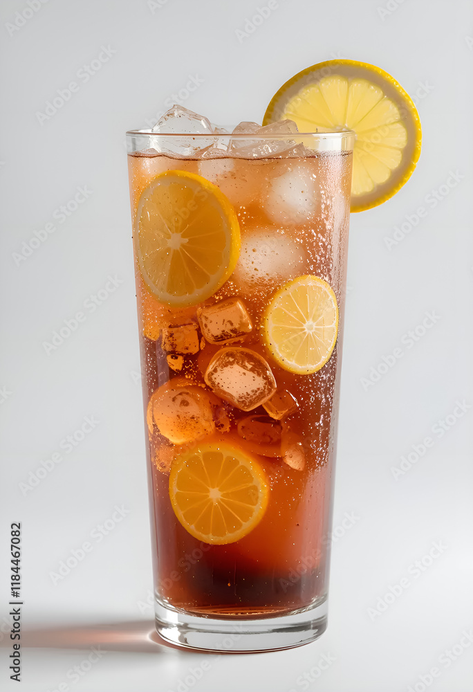 Glass with lemonade, lemon slices and ice on a light background close-up Glass with lemonade, lemon slices and ice on a light background close-up