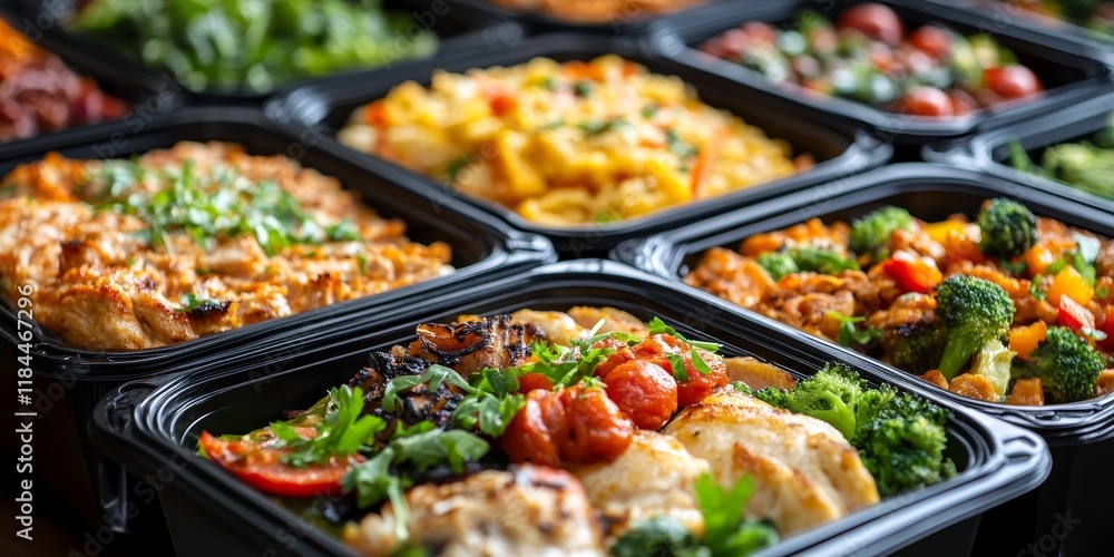 Healthy balanced diet catering offers delicious lunch box options, perfect for take away. Enjoy a packed ready meal in black containers for dinner, lunch, or breakfast that cater to your needs. Healthy balanced diet catering offers delicious lunch box options, perfect for take away. Enjoy a packed ready meal in black containers for dinner, lunch, or breakfast that cater to your needs.