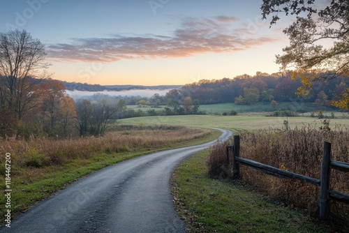 Autumn sunrise road curving through misty valley farmland photo