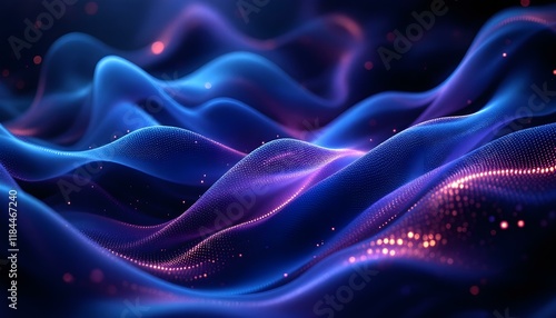 Digital waveforms in blue and purple, abstract background. Abstract digital background with flowing waves in vibrant blue and purple hues.  Radiant lighting, flowing motion, deep textures