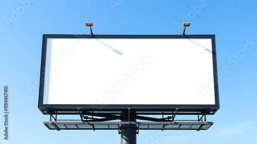 Blank billboard mockup on blue sky background for new advertisement. Generative AI photo