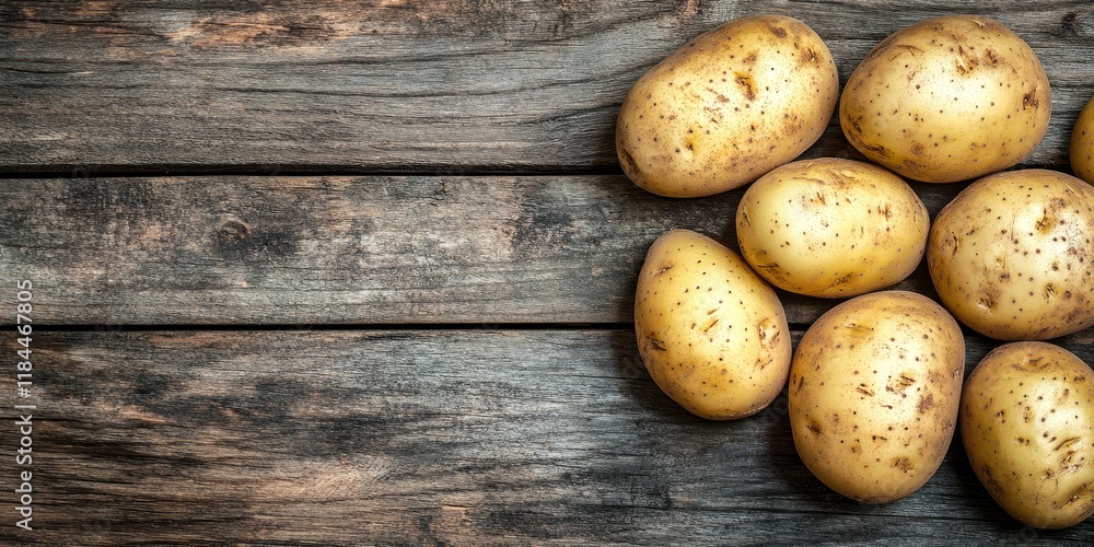 Potatoes arranged on a wooden background create a vintage food still life, showcasing the natural beauty and textures of potatoes in an appealing culinary presentation. Potatoes arranged on a wooden background create a vintage food still life, showcasing the natural beauty and textures of potatoes in an appealing culinary presentation.