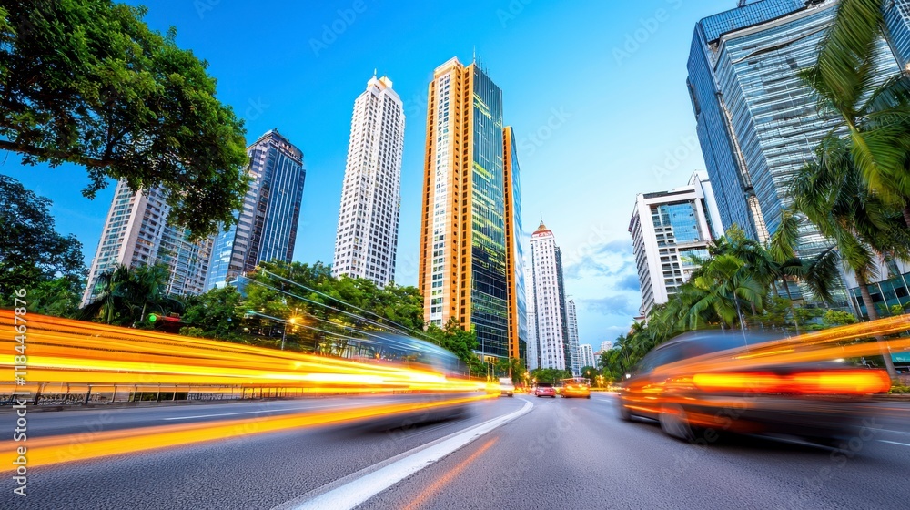 Fototapeta premium Modern Cityscape with Skyscrapers and Traffic at Twilight