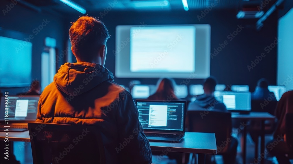 Young Programmer Coding in a Dark Lit Classroom Late Night Study Session Software Development Young Programmer Coding in a Dark Lit Classroom Late Night Study Session Software Development