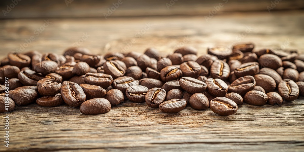 Naklejka premium Fresh coffee beans displayed on wooden surfaces, showcasing the rich texture and aroma of fresh coffee beans, perfect for highlighting the essence of fresh coffee beans in culinary settings.