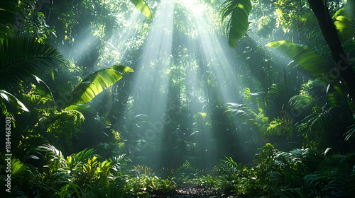 Lush Tropical Jungle with Sunlight Beams Streaming Through the Canopy photo