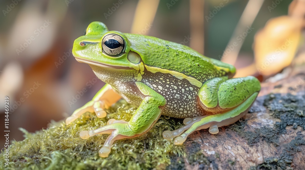 A Close up of a Green Frog Sitting on a Moss Covered Branch - Generative AI A Close up of a Green Frog Sitting on a Moss Covered Branch - Generative AI