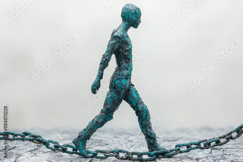 A single figure in bright teal stepping out from a chain of uniform outlines on a nearly white background, photo