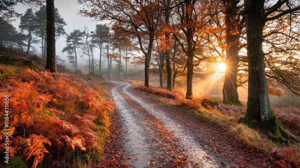 Obraz premium Stunning Autumn Forest Trail at Sunrise with Vibrant Foliage and Misty Atmosphere