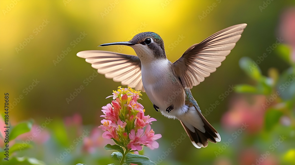 Fototapeta premium Hummingbird in Flight over Pink Flowers in a Vibrant Garden