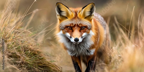 Image of an aggressive red fox poised for action. This fierce wild animal of the wilderness gazes directly at the camera, embodying the essence of the striking red fox. A true symbol of grace in photo