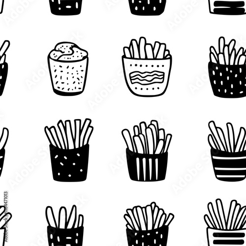Collection of Chili Cheese Fries icons, Chili Cheese Fries vectorized seamless pattern