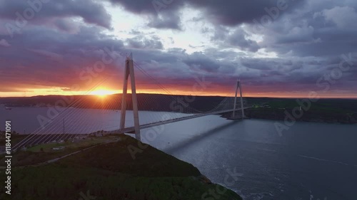 Aerial view of yavuz sultan selim bridge at sunset over the bosphorus strait, istanbul, turkey.