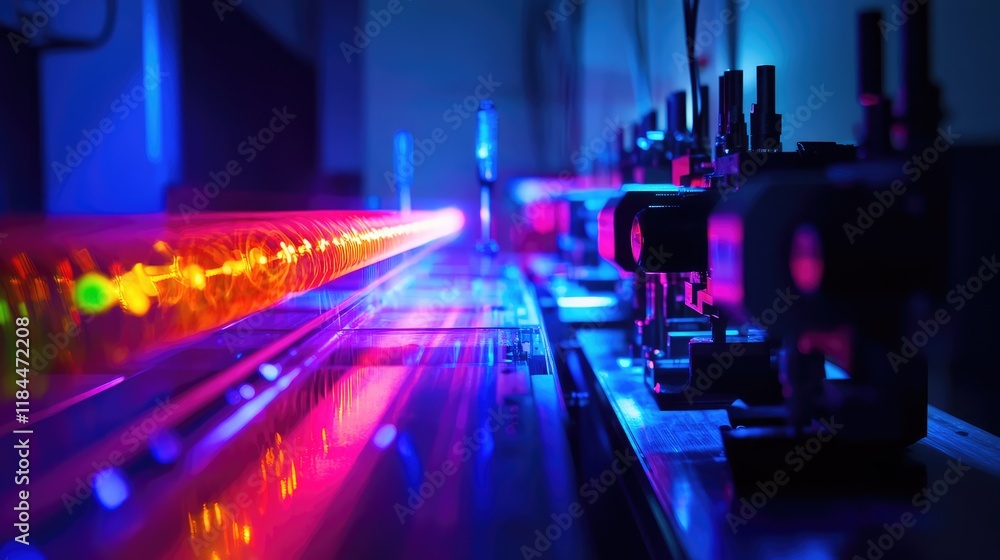 Fototapeta premium Visualization of a quantum photonic computing system, with photons moving through transparent optical fibers to process quantum information