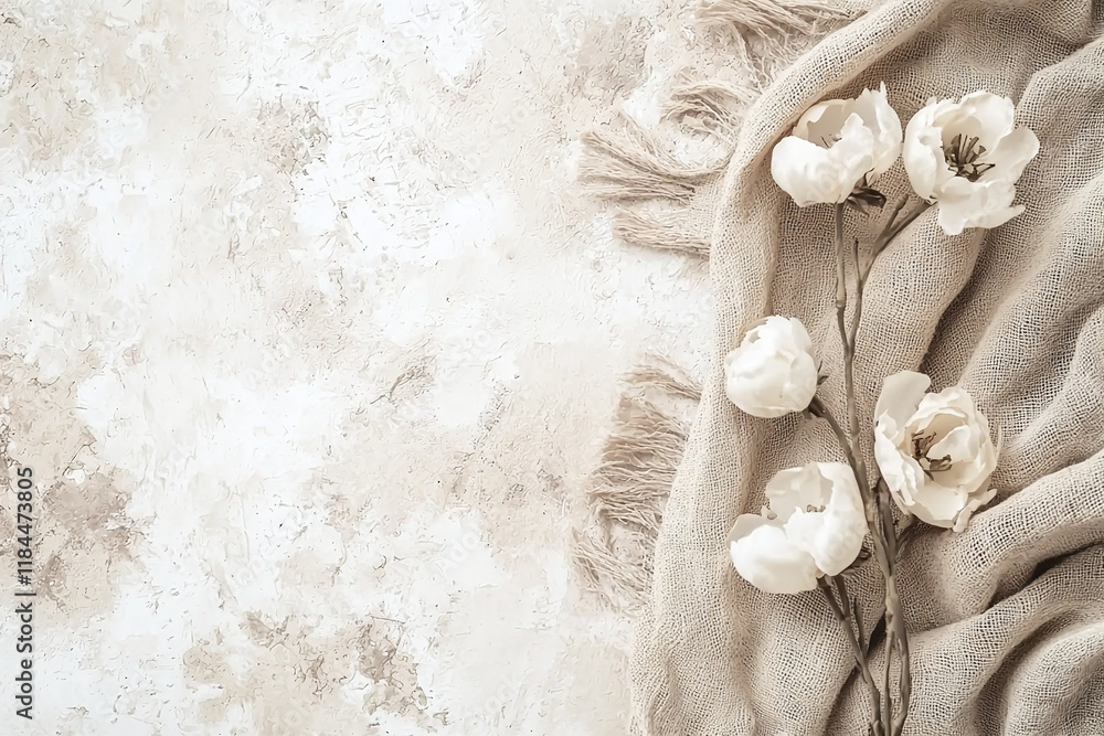 Soft white flowers on textured beige background with cozy fabric. This serene composition evokes sense of calm and tranquility, perfect for various design projects Soft white flowers on textured beige background with cozy fabric. This serene composition evokes sense of calm and tranquility, perfect for various design projects