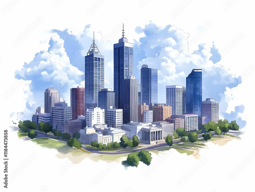 Fototapeta premium Cityscape Illustration: Modern Buildings and Sky