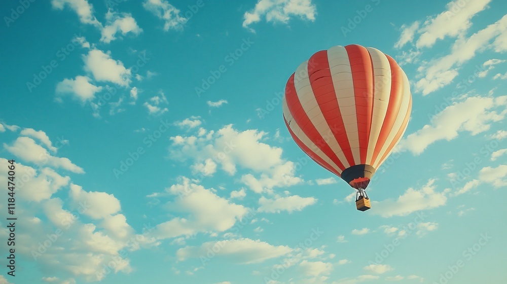 Naklejka premium Colorful hot air balloon floats in a clear blue sky during a sunny day