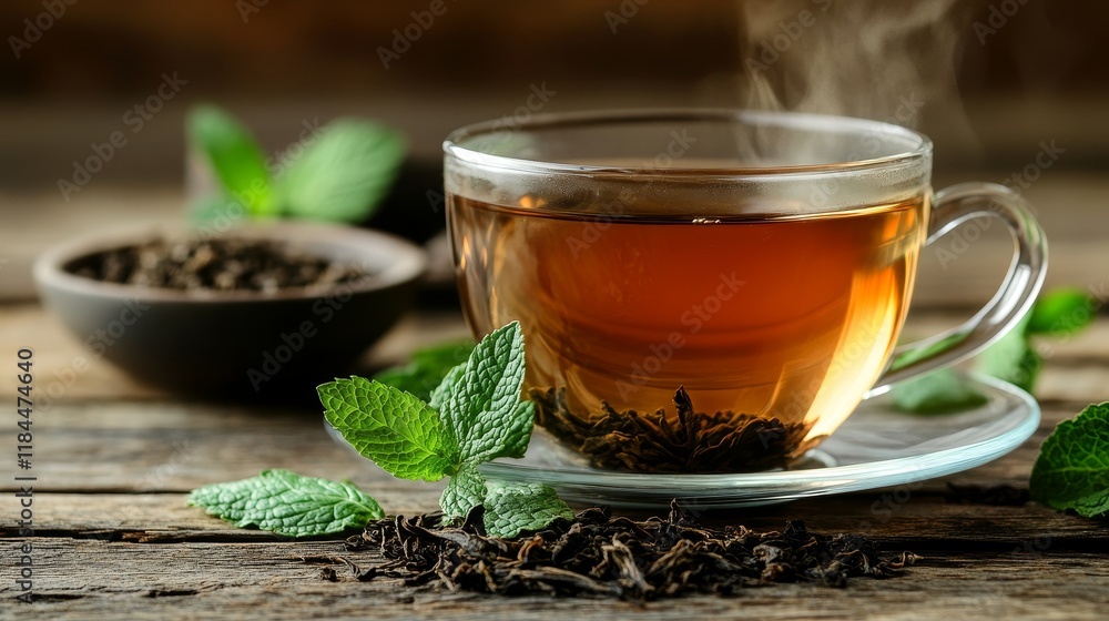 Cup of hot tea featuring dry tea leaves and fresh mint herb, showcasing the calming essence of tea. Enjoy the soothing combination of hot tea, aromatic dry tea leaves, and mint herb. Cup of hot tea featuring dry tea leaves and fresh mint herb, showcasing the calming essence of tea. Enjoy the soothing combination of hot tea, aromatic dry tea leaves, and mint herb.