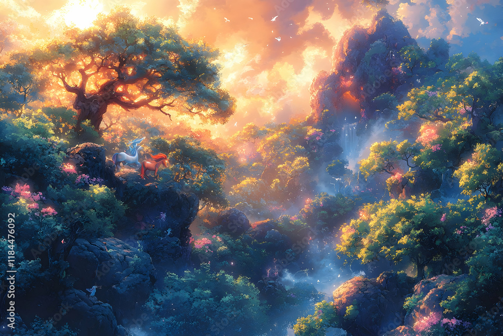 Magical Forest at Sunset with Glowing Trees and Animals Magical Forest at Sunset with Glowing Trees and Animals