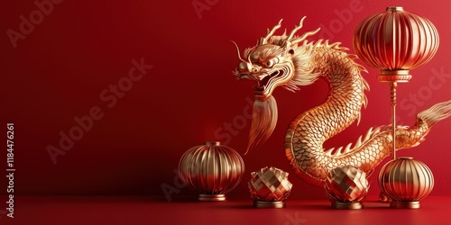 Wallpaper Mural A traditional Chinese New Year scene with red lanterns and golden dragon decorations against a vibrant red backdrop. Torontodigital.ca