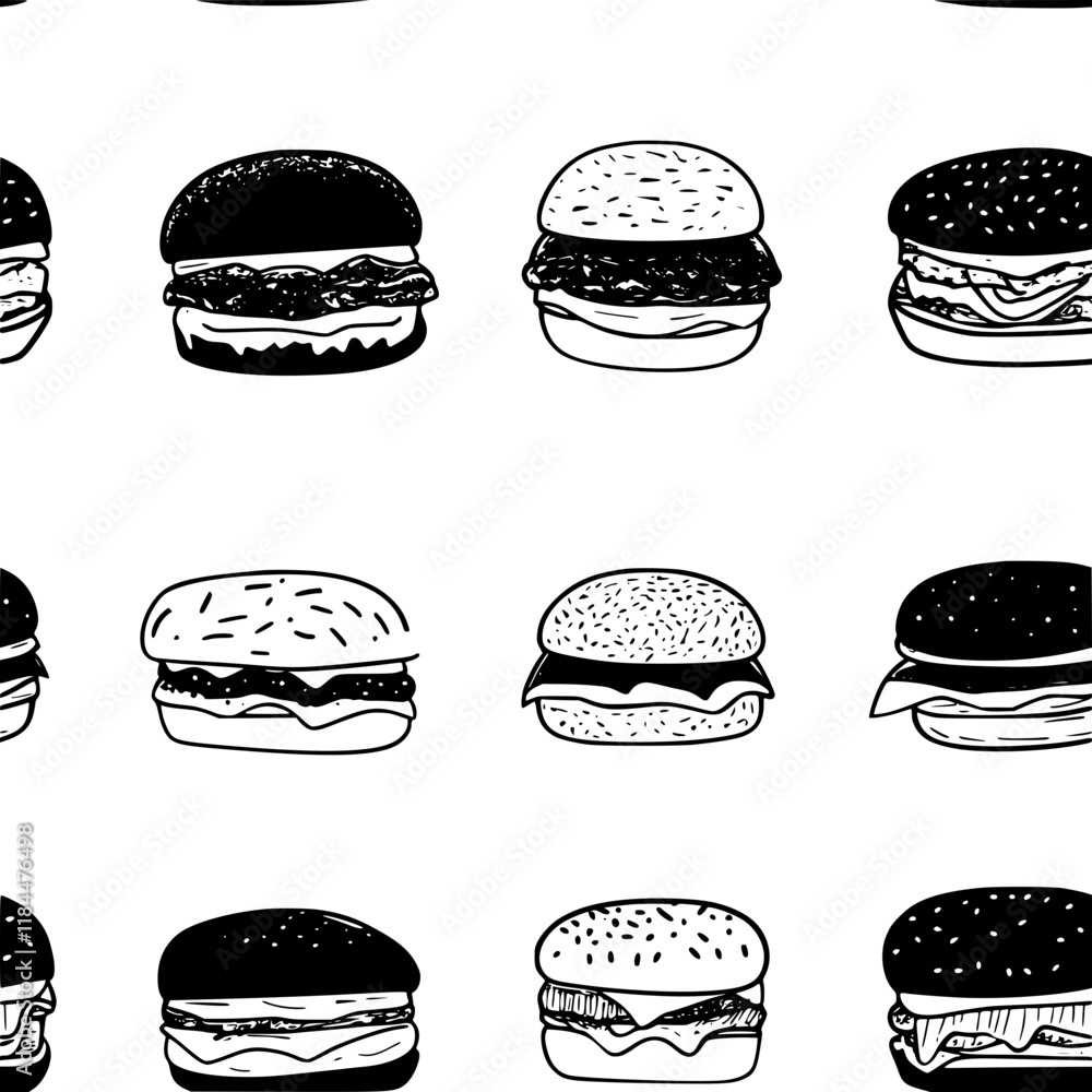 Collection of Pulled Pork Sandwich icons, Pulled Pork Sandwich illustration art, seamless pattern Collection of Pulled Pork Sandwich icons, Pulled Pork Sandwich illustration art, seamless pattern