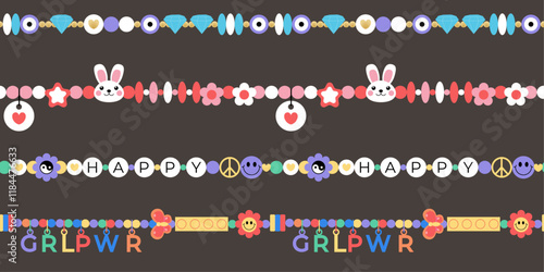 Seamless pattern with playful charms. Beaded friendship bracelet with bunny and floral motifs. Kawaii design accessories background for textile, wrapping paper, fabric.