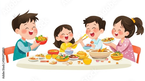 A joyful Chinese family gathering, sharing food and laughter, in celebration of the Lunar New Year.