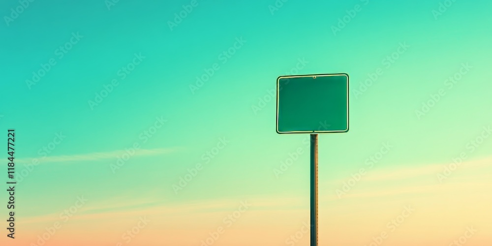 Green road sign against a backdrop featuring a gradient blue sky. This green road sign stands out prominently, enhancing the visual appeal of the landscape with its vibrant color. Green road sign against a backdrop featuring a gradient blue sky. This green road sign stands out prominently, enhancing the visual appeal of the landscape with its vibrant color.