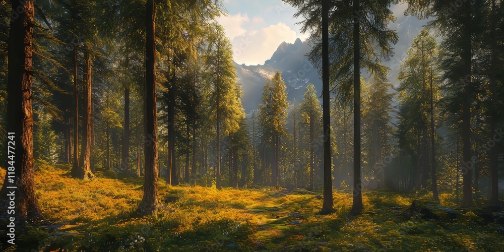 Fototapeta premium Lush wild wood thrives in mountainous regions, showcasing the beauty of wild wood in diverse natural landscapes and highlighting the unique features of wild wood in serene environments.