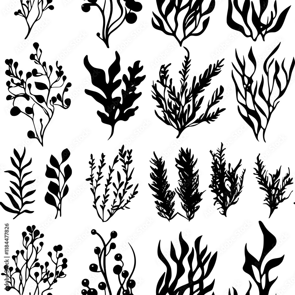 Fototapeta premium Collection of Seaweed vector icons, Seaweed vector art pattern