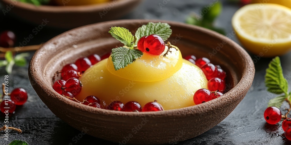 Lemon dessert artfully arranged with red currants in a clay bowl, showcasing a delightful combination of flavors and an inviting presentation of this lemon dessert experience. Lemon dessert artfully arranged with red currants in a clay bowl, showcasing a delightful combination of flavors and an inviting presentation of this lemon dessert experience.
