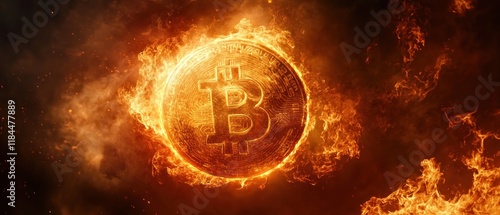 Round shaped bitcoin logo in fire photo