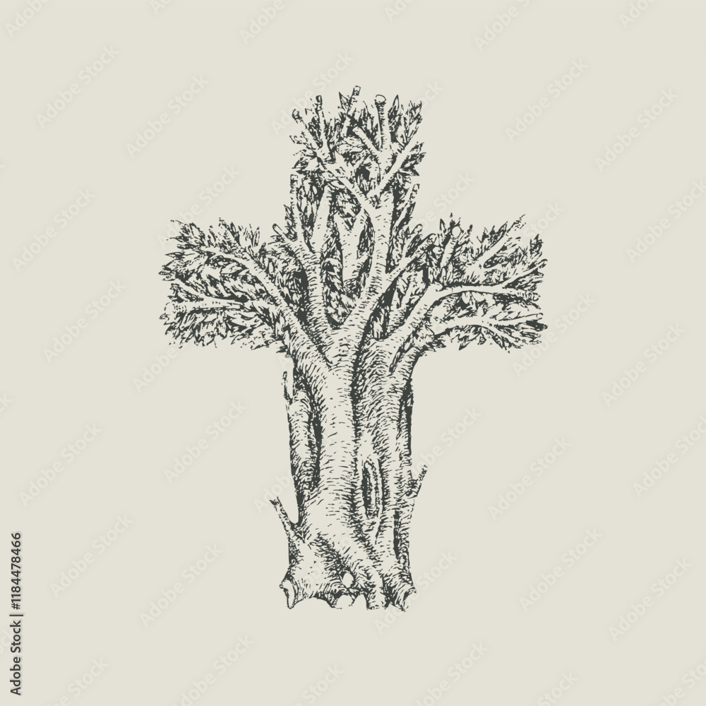 Εκτύπωση καμβά Concept of a Christian cross in the form of a tree hand drawn