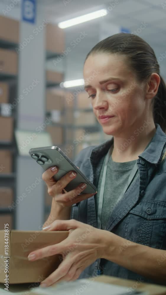 Female logistics specialist scans parcels using smartphone, prepares packages for shipping, works in post office warehouse. Sorting center employee checking cardboard boxes. E-commerce online orders. Female logistics specialist scans parcels using smartphone, prepares packages for shipping, works in post office warehouse. Sorting center employee checking cardboard boxes. E-commerce online orders.