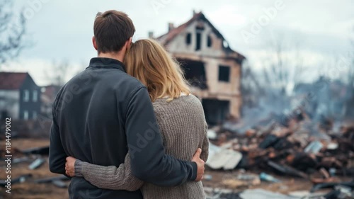 A couple embraces while facing the aftermath of devastation after war, symbolizing resilience and loss in disaster recovery efforts