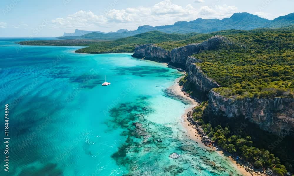 Aerial view of pristine coastal lagoon with turquoise waters and lush green cliffs Aerial view of pristine coastal lagoon with turquoise waters and lush green cliffs