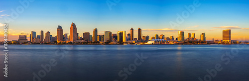 Panoramic view of San Diego's skyline at sunset, captured from Coronado Island with a long exposure, highlighting calm waters and city lights.