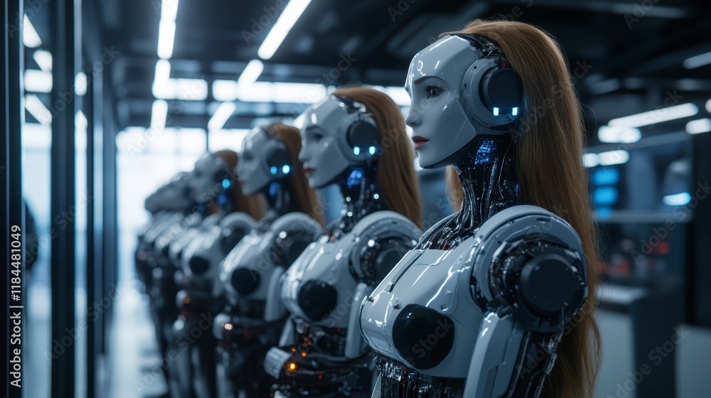 Obraz premium Futuristic Female Robots in a Modern Factory Line up AI Technology Innovation