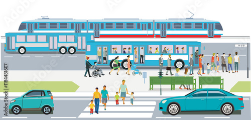 Bushaltestelle mit Fahrgästen und Stadtbahn , Illustration--.eps