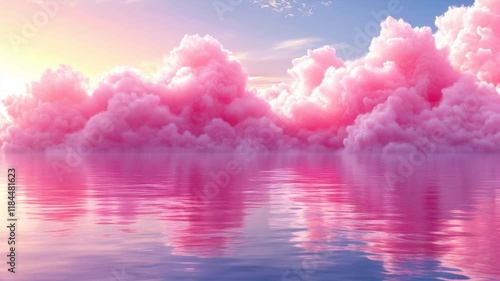 
Serene abstract pastel dreamscape of pink clouds reflecting over a tranquil water surface at sunrise. Dreamy landscape background or backdrop, wallpaper 
