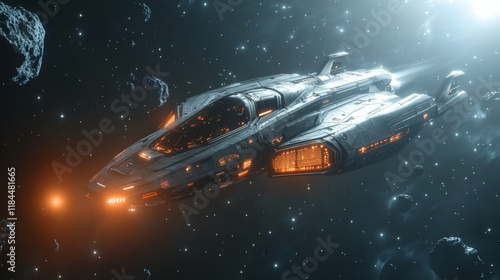 Wallpaper Mural Starship in the Asteroid Field:  A futuristic spaceship hurtles through a dense asteroid field, its engines blazing with an ethereal glow, leaving a trail of stardust in its wake. Torontodigital.ca