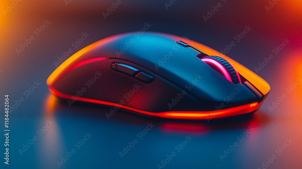 Close-up of a sleek, black wireless computer mouse with red and orange LED lighting on a reflective surface. Close-up of a sleek, black wireless computer mouse with red and orange LED lighting on a reflective surface.