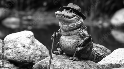 A crocodile in a hat and with a cane sits on a rock by the water.