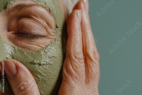 serene close up of elderly woman applying green facial mask, showcasing her hands gently touching her face. calming atmosphere highlights self care and relaxation photo