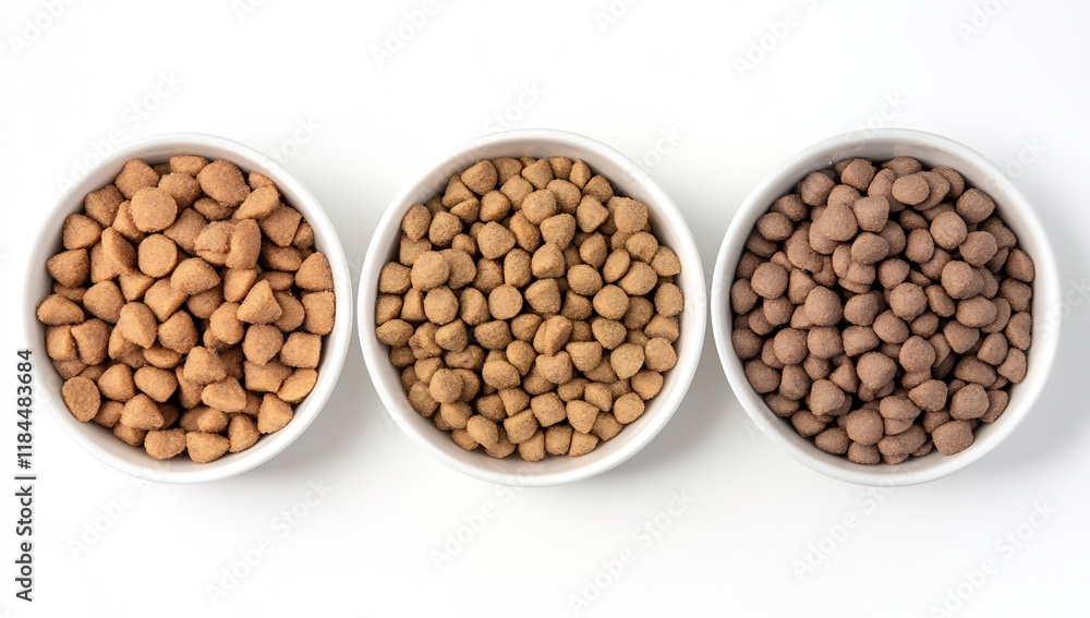 Three Bowls of Pet Food on a White Background for Nutritional Comparison Three Bowls of Pet Food on a White Background for Nutritional Comparison